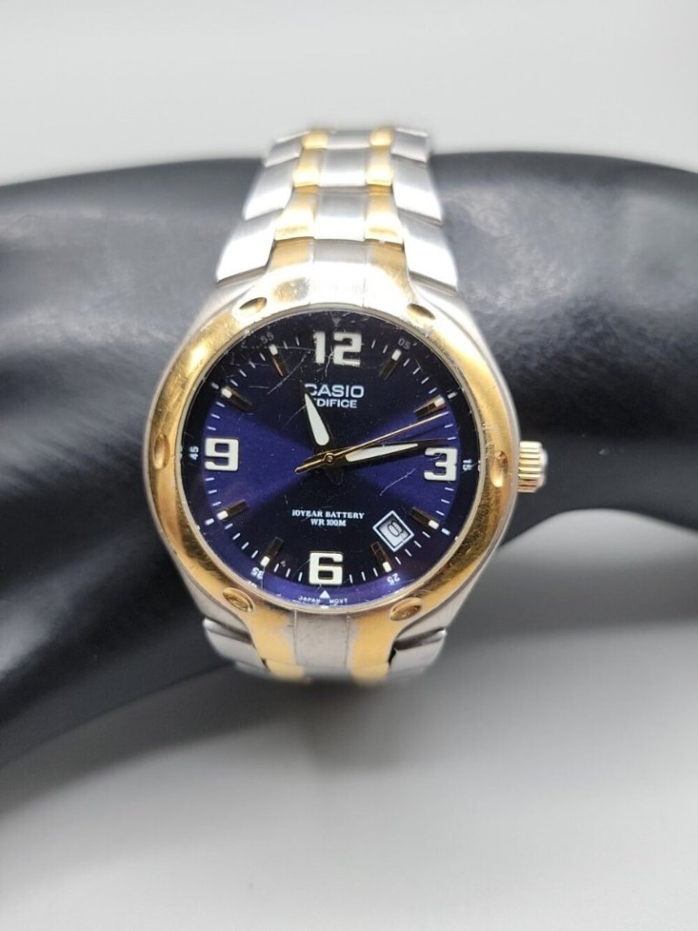 Casio Edifice Watch Men Gold Silver Tone Date Round 37mm Blue Dial 7.5" Date